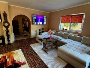 a living room with a couch and a table at Casa Elena in Râmnicu Vâlcea