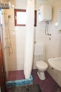 a bathroom with a toilet and a shower curtain at Castello in Mali Lošinj +47 photos