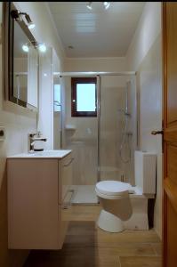 a bathroom with a toilet and a shower and a sink at Les Anthémis in Gujan-Mestras