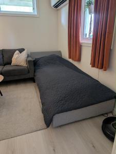a bed in the corner of a bedroom with a couch at Central apartment in Takelvlia! in Moen