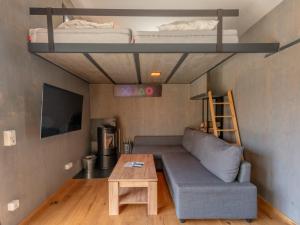 a living room with a couch and a bunk bed at Gemütliches Tiny House zwischen zwei Naturteichen - Kamin, Terrasse & Natur pur in Lauterbach