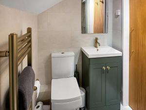 a bathroom with a white toilet and a sink at Gatherley Loft in Scorton +4 photos