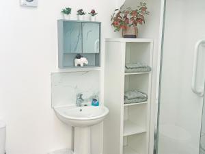 a white bathroom with a sink and a mirror at Roslyn Cottage in Hamsterley +5 photos