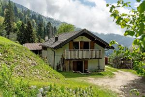 a house on a grassy hill next to a dirt road at Baita Dal Bigolaro in Levico Terme