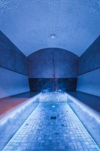 ein blaues Zimmer mit einer Badewanne mit Dusche in der Unterkunft Czerwone Wierchy - sauna i jacuzzi wliczone w cenę pobytu! in Białka Tatrzańska