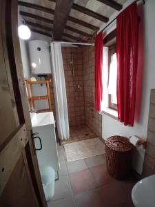a bathroom with a toilet and a shower with red curtains at Casa Rustica mit privatem Pool zur alleinigen Nutzung in Corinaldo +41 photos