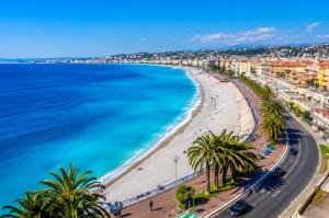 a view of a beach with palm trees and the ocean at Seabnb - City & Sea - AC - 2 Min to Tram in Nice