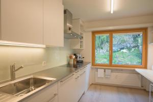 a kitchen with a sink and a window in it at Chesa Maria 7 in Sils Maria