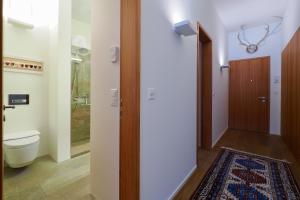 a bathroom with a toilet and a shower and a door at Chesa Soldanella 9 in Maloja