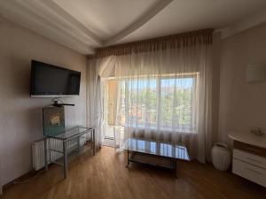 a living room with a large window and a television at Дом в Аркадии - море рядом! in Odesa
