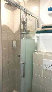 a shower with a glass door in a bathroom at Petite chambre confortable vignoble bourguignon in Brochon
