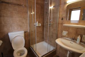 a bathroom with a shower and a toilet and a sink at Garni Neidia in Selva di Val Gardena