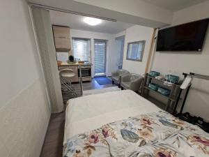 a hospital room with a bed and a kitchen at Frix Balaton in Balatonalmádi