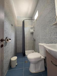 a bathroom with a toilet and a sink and a shower at Keramos in Loutro +50 photos