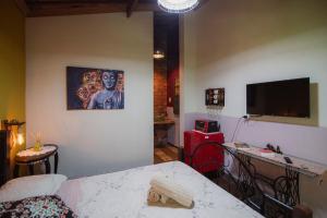 a living room with a bed and a flat screen tv at Chalé das Flores in Brumadinho