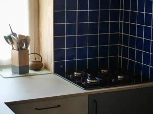 a kitchen counter with a black tiled wall at Maison La Voyageuse in Gorses +13 photos