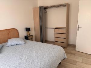 a bedroom with a bed and a closet with a door at Chez sana in Saint-Dizier