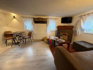a living room with a bed and a table at Ferienwohnung Mutzelnest in Kurort Gohrisch