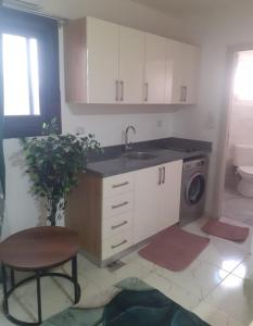 a kitchen with a sink and a washing machine at CoCo Nest Cozy Modern Studio Near Mamsha Beach & Airport in Hurghada