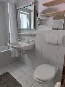 a white bathroom with a toilet and a sink at Chalet Vallese Valbella Lenzerheide, great view in Valbella +38 photos