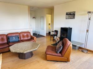 a living room with leather furniture and a fireplace at Chalet Vallese Valbella Lenzerheide, great view in Valbella