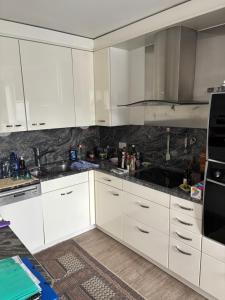 a kitchen with white cabinets and a sink at Dachstudio in Kaiseraugst
