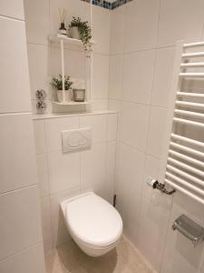 a white bathroom with a toilet with plants on the shelf at Heyne-Ufer City Apartment II - TOP Innenstadtlage in Göttingen