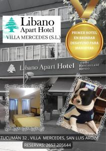 a flyer for a hotel with a dog in a picture at Hotel Libanno Apartt in Villa Mercedes