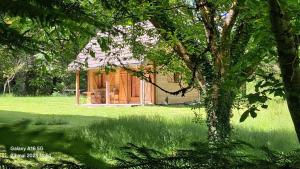 a house in the middle of a field with a tree at La cabane de Jane in Saint-Bonnet-lʼEnfantier