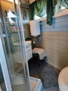 a small bathroom with a toilet and a sink at Kystbua 360 in Saltstraumen