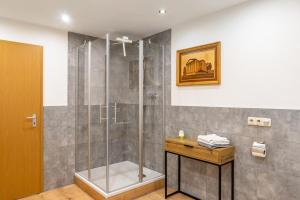 a shower with a glass door in a bathroom at Ferien- und Handwerkerwohnung in Römhild +15 photos