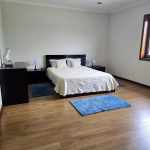 a bedroom with a bed with three blue rugs on the floor at Casa da Batoca - Rossas in Vieira do Minho
