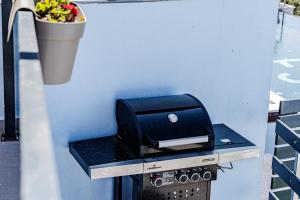 a grill with a toaster and a flower pot on a wall at Villa Love house in Vela Luka