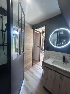a bathroom with a sink and a mirror at Tiny house au coeur de la nature in Touët-sur-Var