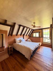 a bedroom with a large bed and a ceiling fan at Maison Le Grand Saule in Bugnein