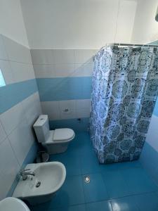 a blue bathroom with a toilet and a sink at Selim Guesthouse 2 in Lybeshë