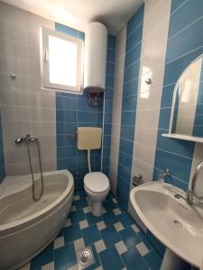a blue and white bathroom with a toilet and a sink at Apartmani Viki in Sutomore