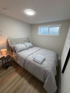 a bedroom with a large bed with a window at The Onyx Suite Sleek Modern Space Private Entry in Regina