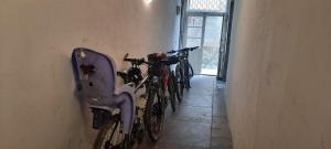 two bikes parked against a wall in a hallway at Studio avec terrasse in Crest