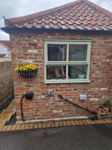 a brick house with a window with a dog in it at The Stables Annexe in Patrington
