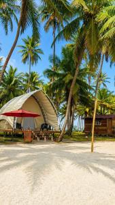 a tent and picnic tables on a beach with palm trees at Islas de San blas Glamping in Tubusinica