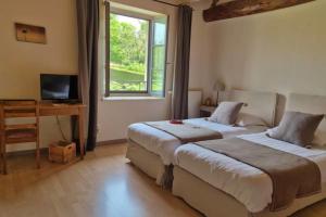 a bedroom with two beds and a desk and a window at Le Tilleul de Ray in Ray-sur-Saône
