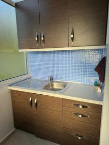 a kitchen with a sink and a blue tiled wall at Aria Apartments in Borsh +41 photos