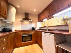 a kitchen with wooden cabinets and a white dishwasher at AC Apartaments Comapedrosa Canillo in Canillo