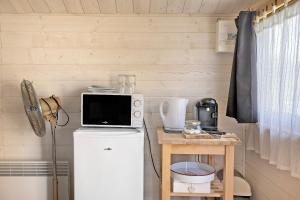 a kitchen with a small refrigerator and a microwave at Chalet La Bienvenue in Vouzon