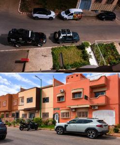 two pictures of cars parked in front of a building at Maison d'hôte Najah 1 in Khenifra