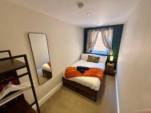 a small bedroom with a bed and a mirror at Salisbury City Centre Cottage in Salisbury