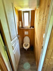 a small bathroom with a toilet with a window at CHALET SUR PILOTIS - 4 personnes - CLIMATISÉ- PISCINE- PROCHE PLAGE in Arès +22 photos