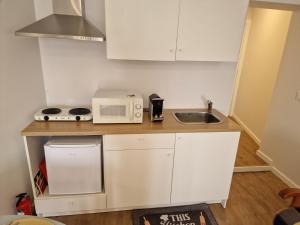 a small kitchen with a sink and a microwave at 4 Seasons studio in Marinha das Ondas +8 photos