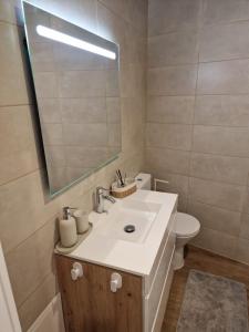a bathroom with a sink and a mirror and a toilet at 4 Seasons studio in Marinha das Ondas